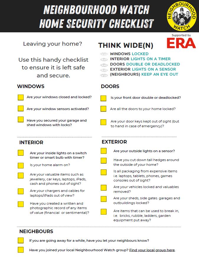 For those of you who may be going away on holiday this Summer please find attached a useful Home Security Checklist.