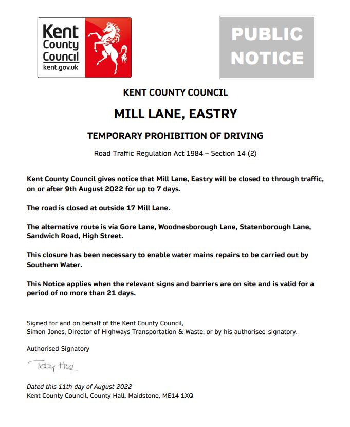 Update – Emergency Road Closure – Mill Lane, Eastry – 9th August 2022 (Dover)