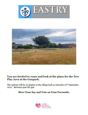 You are Invited to come and look at the plans for the New Play Area at the Gunpark. The options will be on display at the village hall on Saturday 10th September 2022 - Between 9am till 1pm Have Your Say and Vote on Your Favourite.