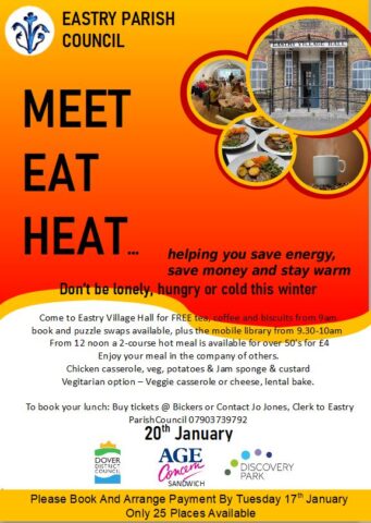 Come to Eastry Village Hall for FREE tea, coffee and biscuits from 9am
book and puzzle swaps available, plus the mobile library from 9.30-10am 
 From 12 noon a 2-course hot meal is available for over 50's for £4
Enjoy your meal in the company of others.
Chicken casserole, veg, potatoes & Jam sponge & custard
Vegitarian option – Veggie casserole or cheese, lental bake.

 To book your lunch: Buy tickets @ Bickers or Contact Jo Jones, Clerk to Eastry ParishCouncil 07903739792