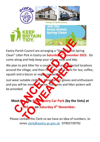 Eastry Parish Council are arranging a “Great British Spring Clean” Litter Pick in Eastry on Saturday 4th November 2023.Do come along and help keep your village neat and tidy. We plan to pick litter for a couple of hours in selected locations around the village, and then return to the 5 Bells for tea, coffee, squash and a bacon or vegan sandwiches. Just wear suitable clothing, bring garden gloves and enthusiasm and you will be most welcome. Visi-vests and litter pickers will be provided. Meet at:  The Main Eastry Car Park (by the Vets) at 10 am on Saturday 4th November. Please contact the Clerk so we have an idea of numbers: Jo Jones clerk@eastry-pc.gov.uk	07903739792 CANCELLED DUE TO WEATHER