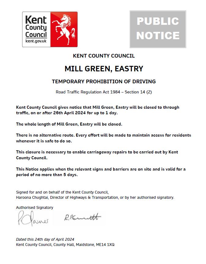 Urgent Road Closure – Mill Green, Eastry – 26th April 2024 (Dover)